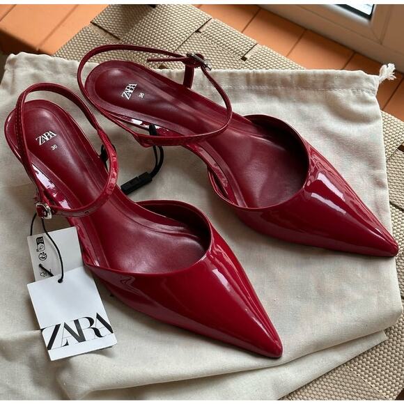 ZARA Red Patent Slingback Heels NWT – Pointed Toe Kitten Heels, Size 7.5 & 8 - Picture 4 of 16